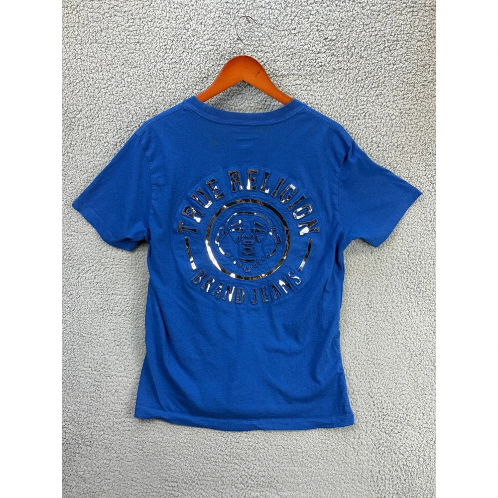 True Religion Buddha Logo Graphic T-Shirt Mens M Blue Crewneck Short Sleeve Tee
